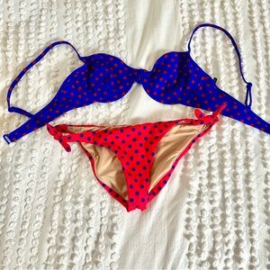 J Crew Women’s Polka Dot Two-Piece Bikini - Blue & Red 36B Top & Small Btms
